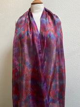 Load image into Gallery viewer, Red Blue Grey Purple Painted &amp; Dyed Long Silk Scarf by Designer Silk
