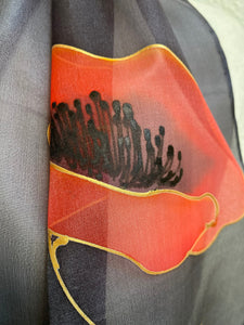 Poppies Design Hand Painted Silk Neck Scarf in Charcoal Black and Red