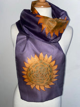 Load image into Gallery viewer, Sunflowers Design Hand Painted Silk Neck Scarf in Purple and Ochre
