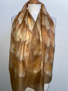 Leaves Design Long Scarf in Brown : Hand Painted Silk by Designer Silk