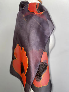 Poppies Design Hand Painted Silk Neck Scarf in Charcoal Black and Red