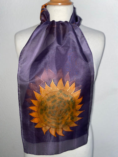 Sunflowers Design Hand Painted Silk Neck Scarf in Purple and Ochre