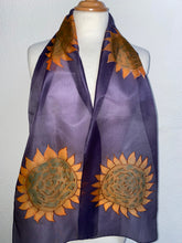 Load image into Gallery viewer, Sunflowers Design Hand Painted Silk Neck Scarf in Purple and Ochre
