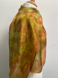 Hand Dyed Silk Neck Scarf in gold, brown, green