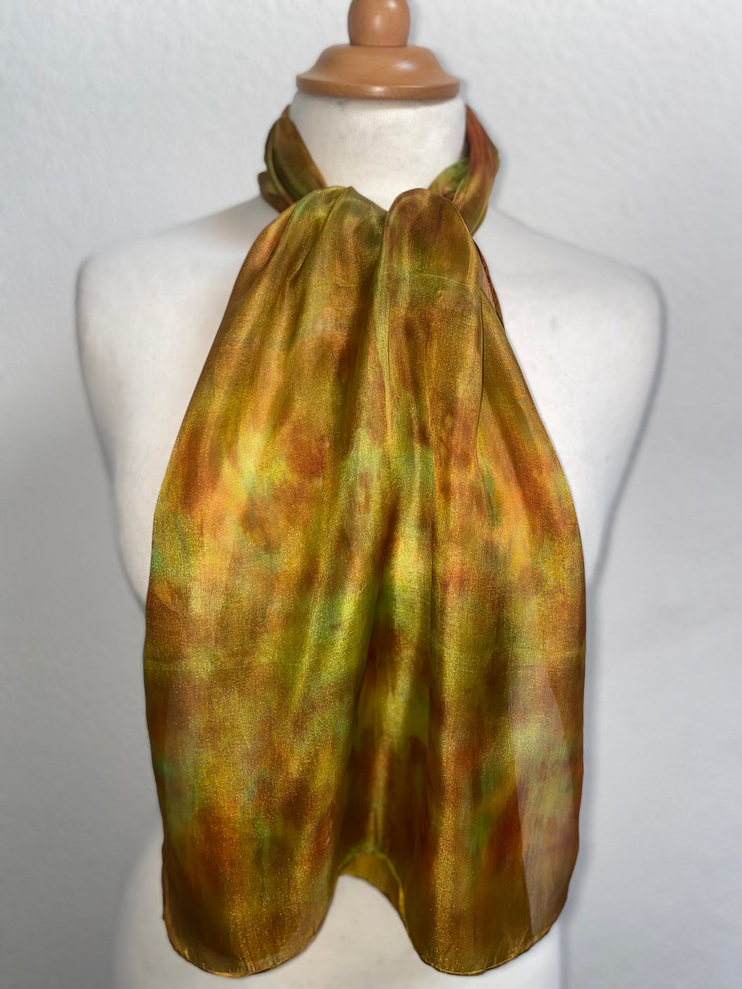 Hand Dyed Silk Neck Scarf in gold, brown, green