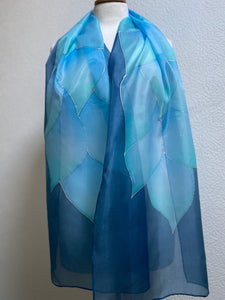 Flames Design X Long Silk Scarf in Denim Blues Hand Painted Silk by Designer Silk
