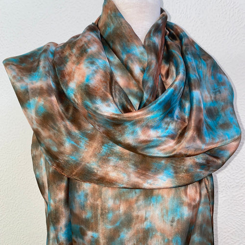 Hand Dyed Long Silk Scarf in Shades of Brown & Turquoise