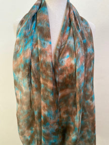 Hand Dyed Long Silk Scarf in Shades of Brown & Turquoise