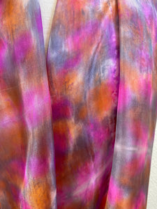 Hand Dyed Long Silk Scarf in Shades of Peach, Cerise & Grey