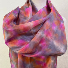 Load image into Gallery viewer, Hand Dyed Long Silk Scarf in Shades of Peach, Cerise &amp; Grey
