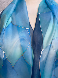 Flames Design X Long Silk Scarf in Denim Blues Hand Painted Silk by Designer Silk