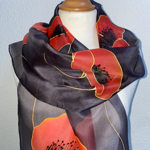 Poppies Design Long Scarf : Hand Painted Silk