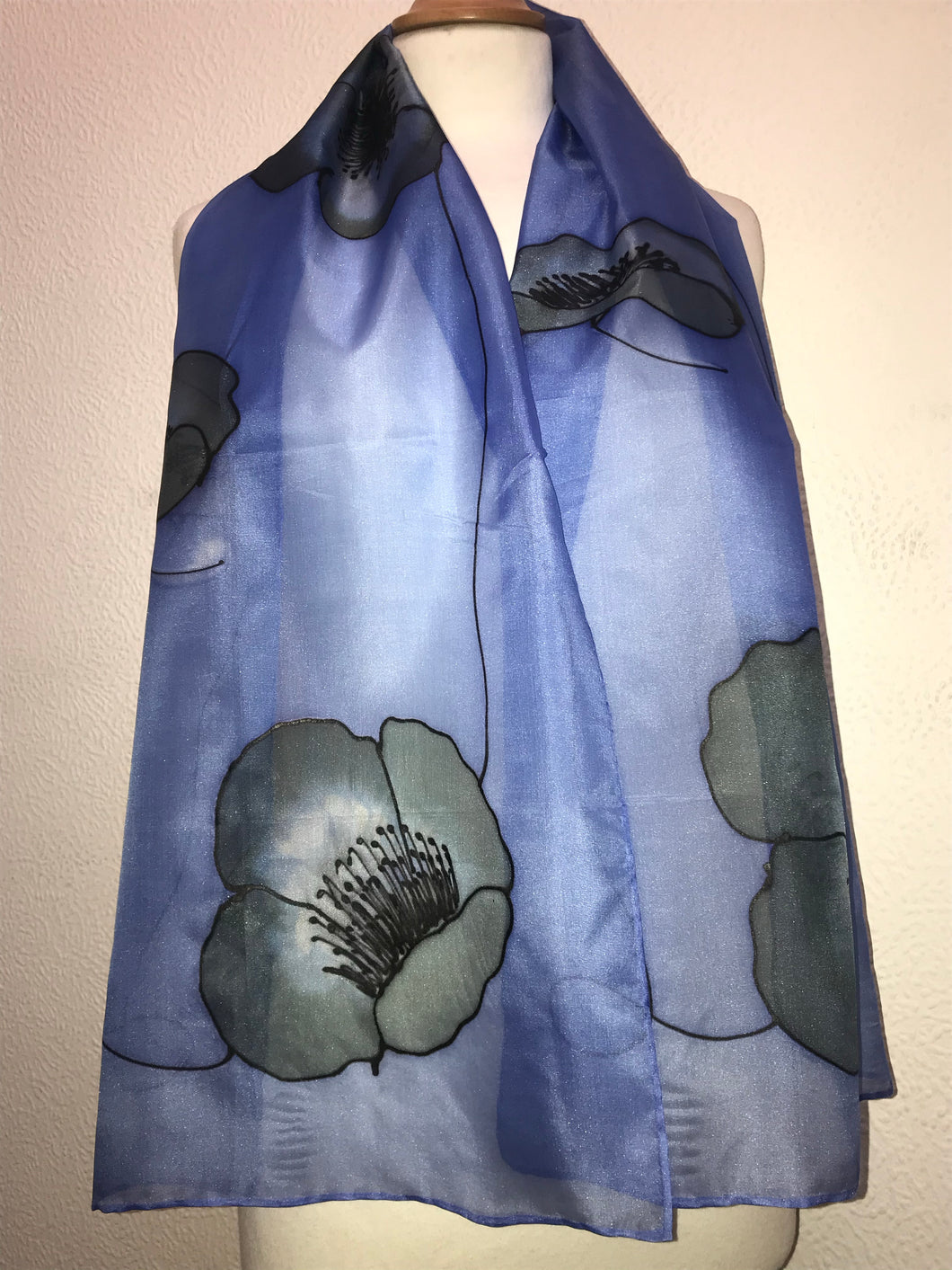 Hand painted long silk scarf in Poppy Noir design in black and turquoise 