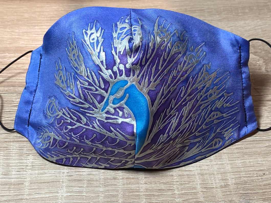 Silver Peacock Design Hand Painted Silk Face Covering/Mask