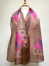 Load image into Gallery viewer, Butterfly Design Long Silk Scarf in Brown &amp; Pink : Hand Painted Silk
