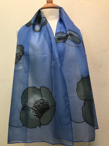Poppy Noir Design Long Scarf : Hand Painted Silk in Navy Blue