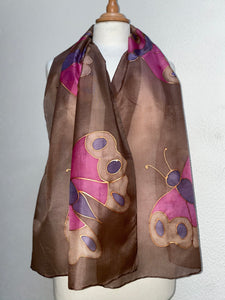 Butterfly Design Long Silk Scarf in Brown & Pink : Hand Painted Silk