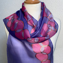 Load image into Gallery viewer, Bubbles Design Silk Neck Scarf in Purple &amp; Pink : Hand Painted Silk
