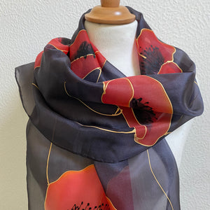 Poppies Design Long Silk Scarf : Hand Painted Silk