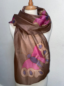Butterfly Design Long Silk Scarf in Brown & Pink : Hand Painted Silk
