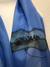 Load image into Gallery viewer, Poppy Noir Design Long Scarf : Hand Painted Silk in Navy Blue
