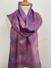 Load image into Gallery viewer, Hand Dyed Long Silk Scarf in Clover Pink, Grey, Purple
