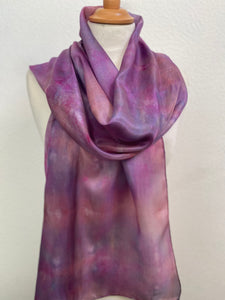 Hand Dyed Long Silk Scarf in Clover Pink, Grey, Purple