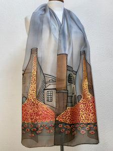 Potteries Poppies Design X Long Silk Scarf : Hand Painted Silk