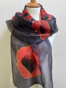 Poppies Design Long Scarf : Hand Painted Silk