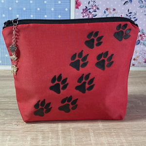 Paw Prints Cosmetics Purse in Red : Hand Painted Silk