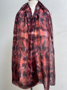 Hand Dyed Long Silk Scarf in Hot Coral & Grey