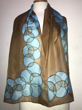 Load image into Gallery viewer, Bubbles Design silk scarf in turquoise, teal and chocolate brown

