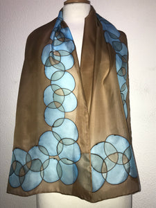Bubbles Design silk scarf in turquoise, teal and chocolate brown