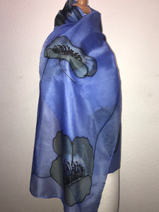 Poppy Noir Design Long Scarf : Hand Painted Silk in Navy Blue