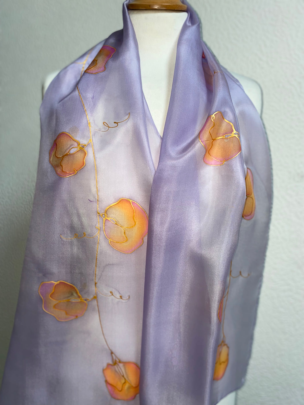 Sweet Pea Design Long Silk Scarf in Lilac : Hand Painted Silk