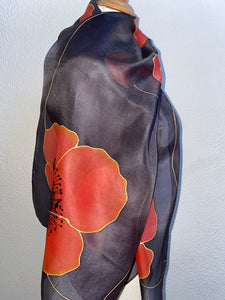 Poppies Design Long Silk Scarf : Hand Painted Silk